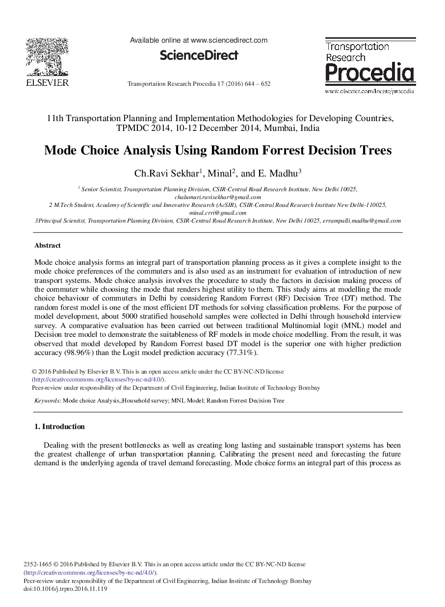 Mode Choice Analysis Using Random Forrest Decision Trees