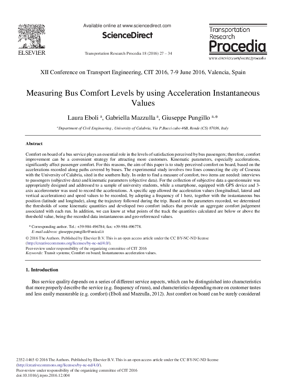 Measuring Bus Comfort Levels by using Acceleration Instantaneous Values