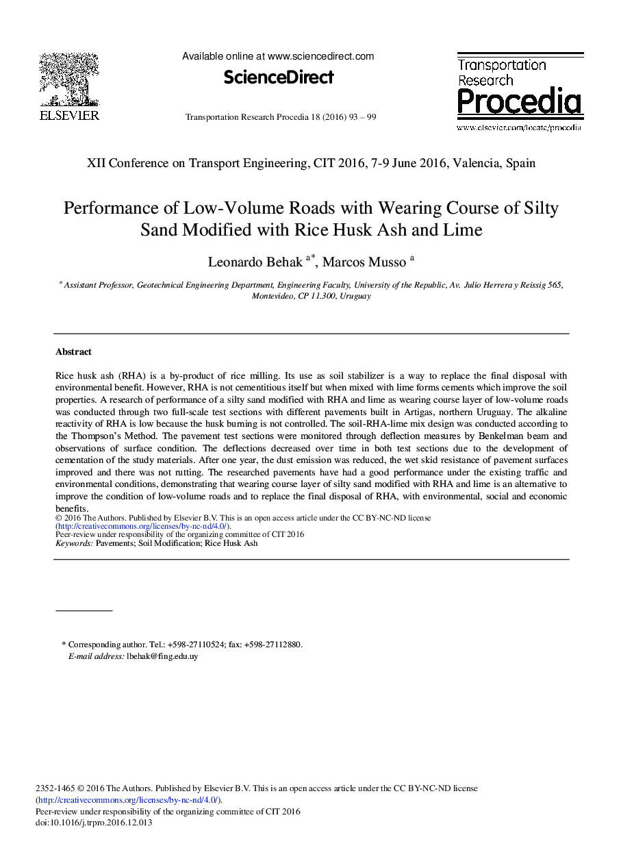 Performance of Low-Volume Roads with Wearing Course of Silty Sand Modified with Rice Husk Ash and Lime