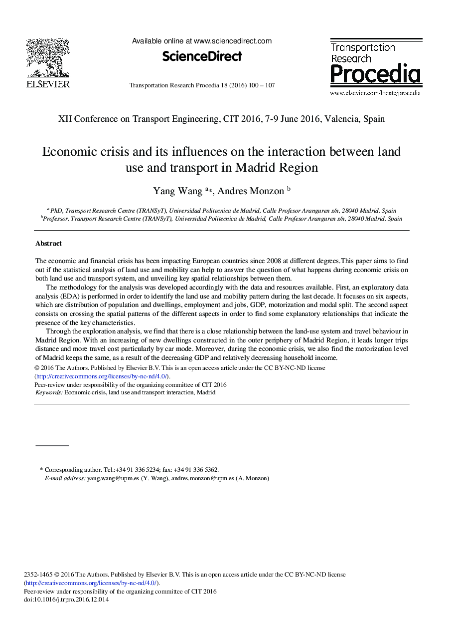 عکس صفحه اول مقاله: Economic Crisis and its Influences on the Interaction between Land Use and Transport in Madrid Region Economic Crisis and its Influences on the Interaction between Land Use and Transport in Madrid Region