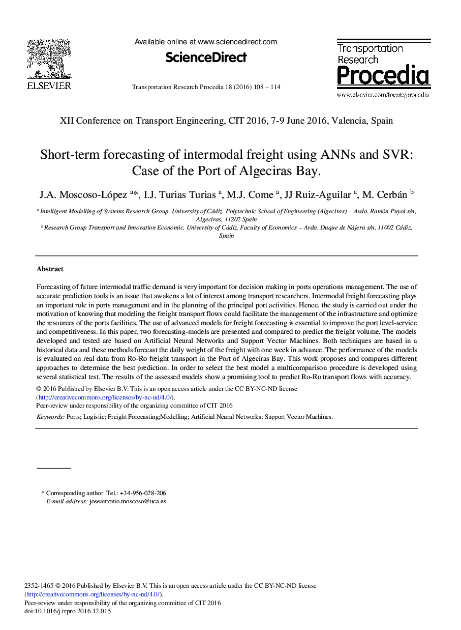 Short-term Forecasting of Intermodal Freight Using ANNs and SVR: Case of the Port of Algeciras Bay