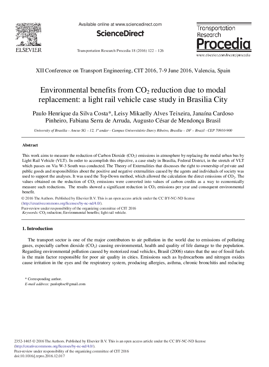 Environmental Benefits from CO2 Reduction Due to Modal Replacement: A Light Rail Vehicle Case Study in Brasilia City