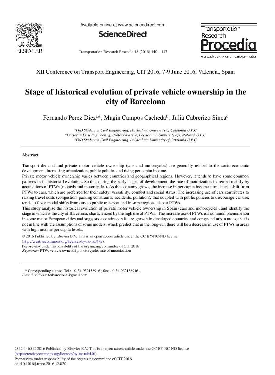 Stage of Historical Evolution of Private Vehicle Ownership in the City of Barcelona