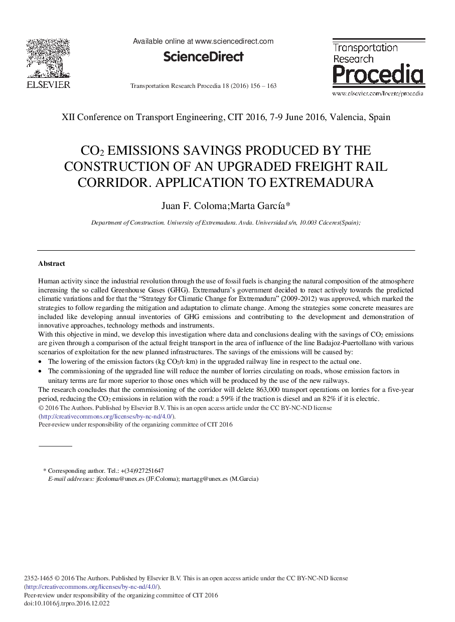 CO2 Emissions Savings Produced by the Construction of an Upgraded Freight Rail Corridor. Application to Extremadura