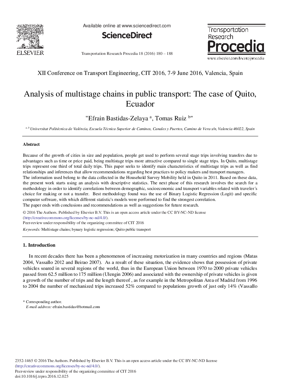 Analysis of Multistage Chains in Public Transport: The Case of Quito, Ecuador