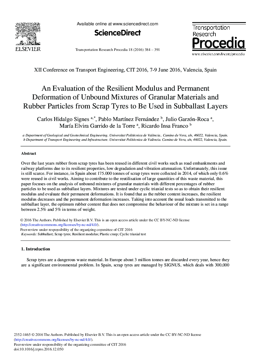 An Evaluation of the Resilient Modulus and Permanent Deformation of Unbound Mixtures of Granular Materials and Rubber Particles from Scrap Tyres to be Used in Subballast Layers