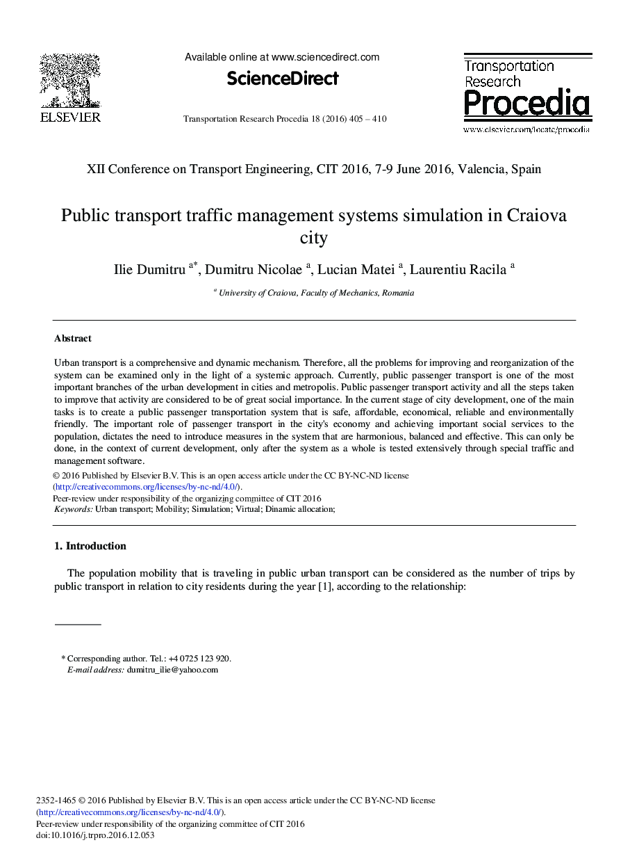 Public Transport Traffic Management Systems Simulation in Craiova City