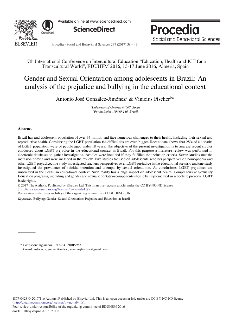 Gender and Sexual Orientation among Adolescents in Brazil: An Analysis of the Prejudice and Bullying in the Educational Context