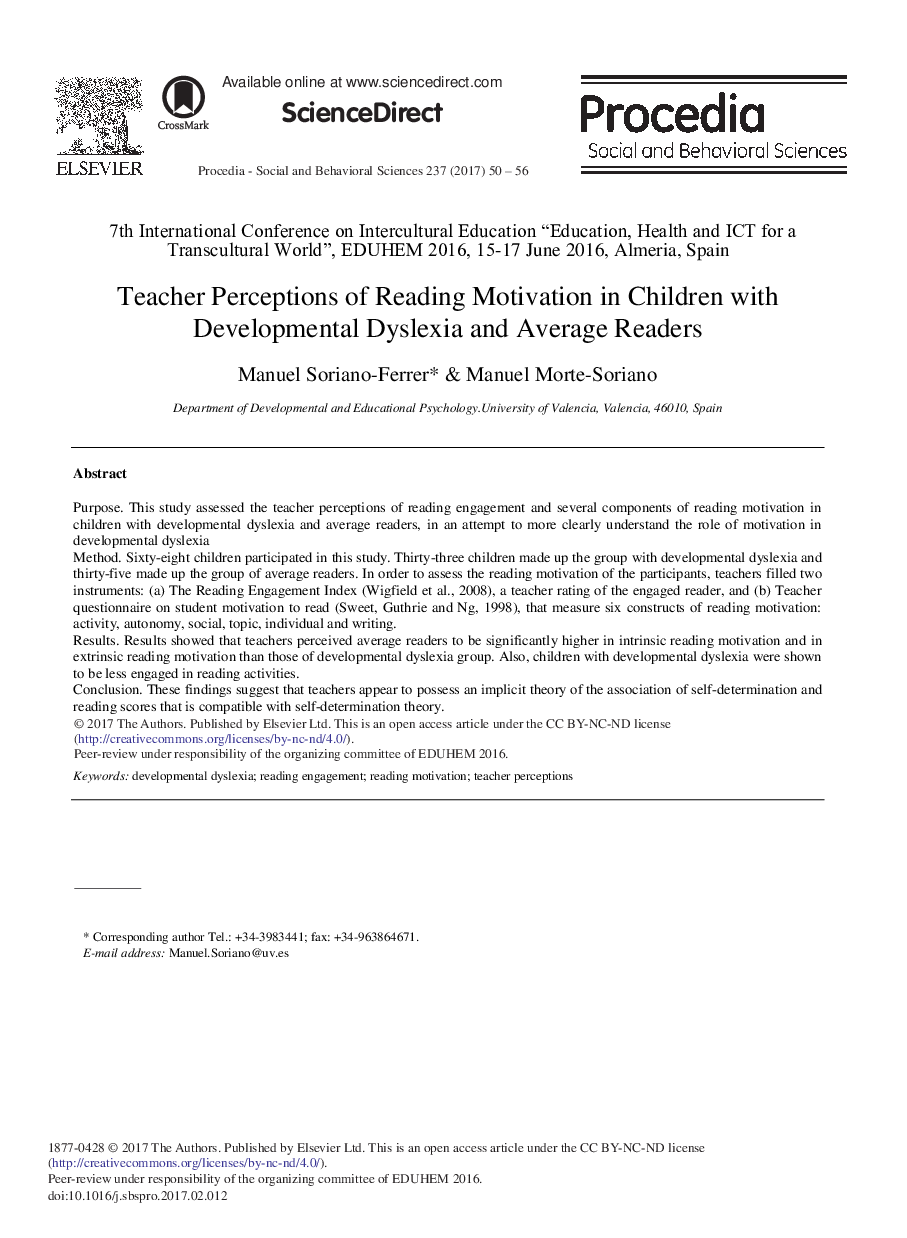 Teacher Perceptions of Reading Motivation in Children with Developmental Dyslexia and Average Readers