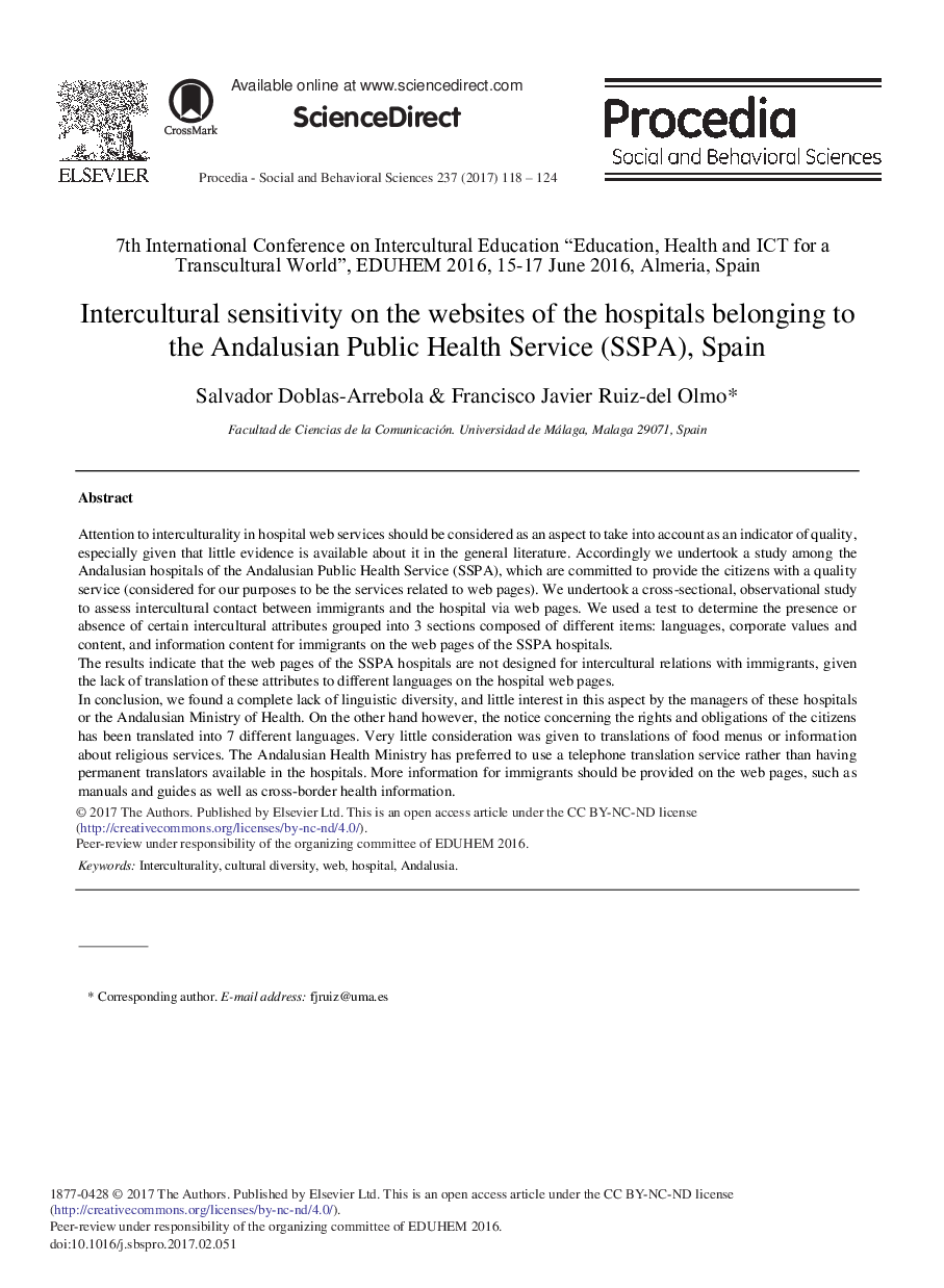 حساسیت بین فرهنگی در وب سایت های بیمارستان ها متعلق به خدمات بهداشت عمومی اندلس (SSPA)، اسپانیا