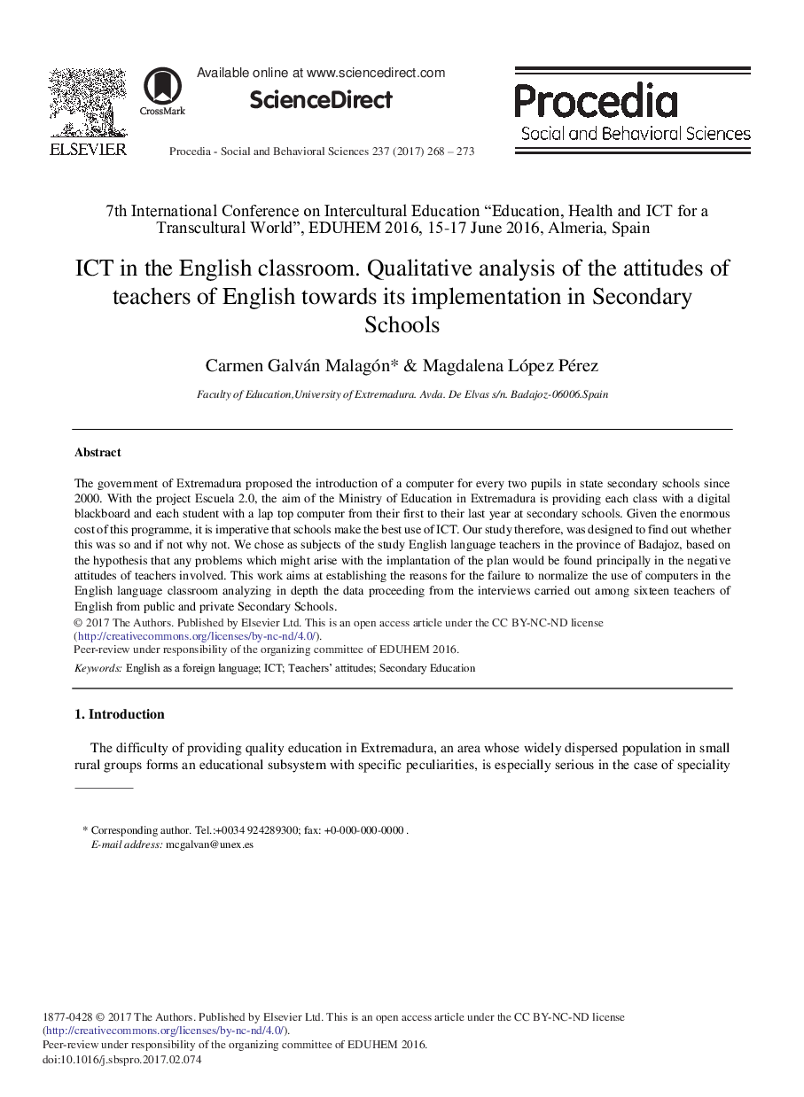 ICT in the English Classroom. Qualitative Analysis of the Attitudes of Teachers of English Towards its Implementation in Secondary Schools