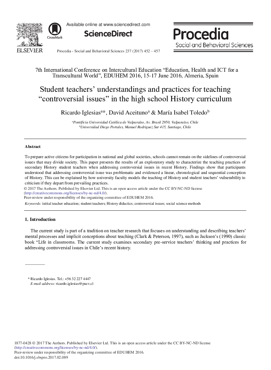 Student Teachers' Understandings and Practices for Teaching “Controversial Issues” in the High School History Curriculum