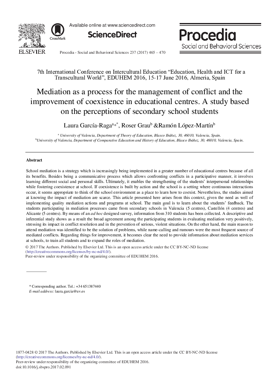 Mediation as a Process for the Management of Conflict and the Improvement of Coexistence in Educational Centres. A Study Based on the Perceptions of Secondary School Students