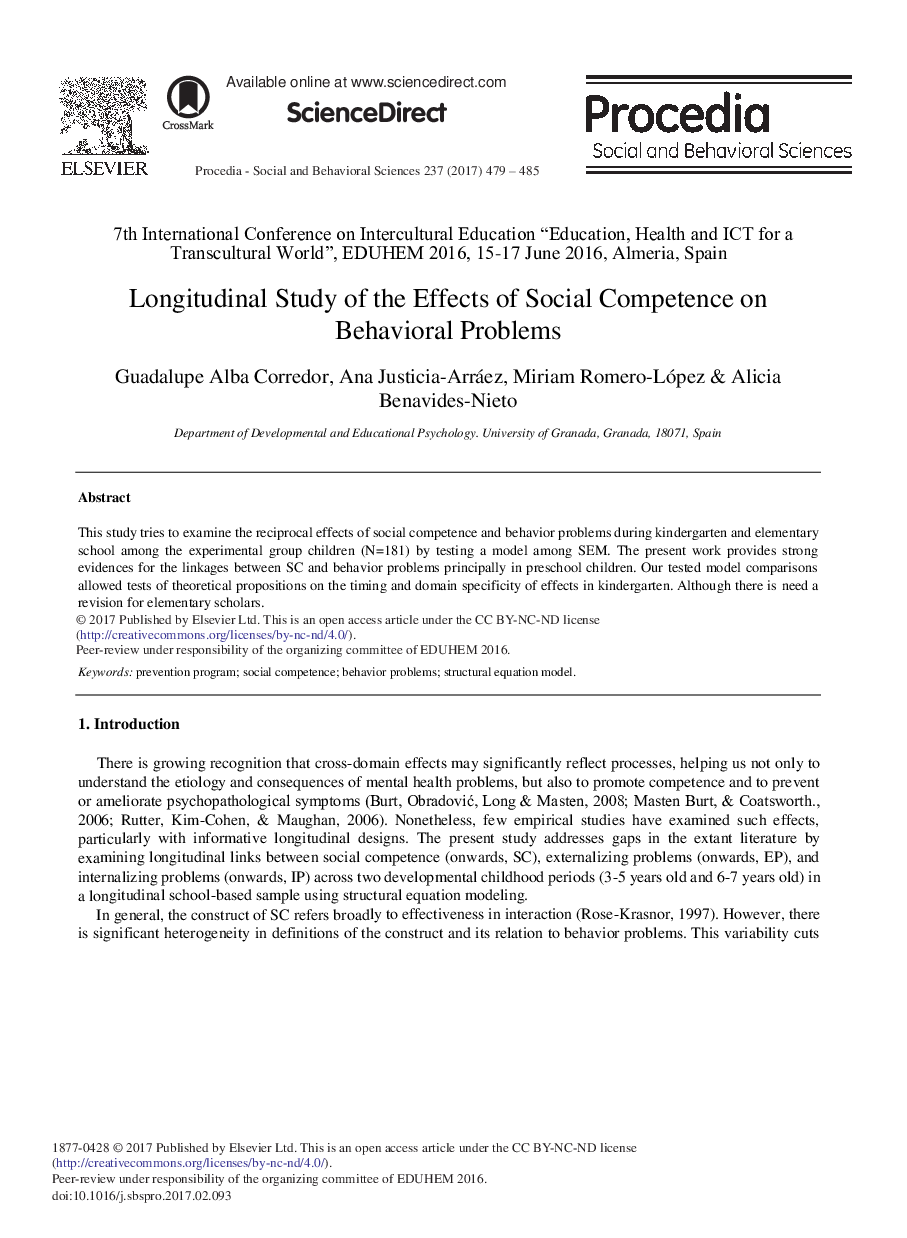 Longitudinal Study of the Effects of Social Competence on Behavioral Problems