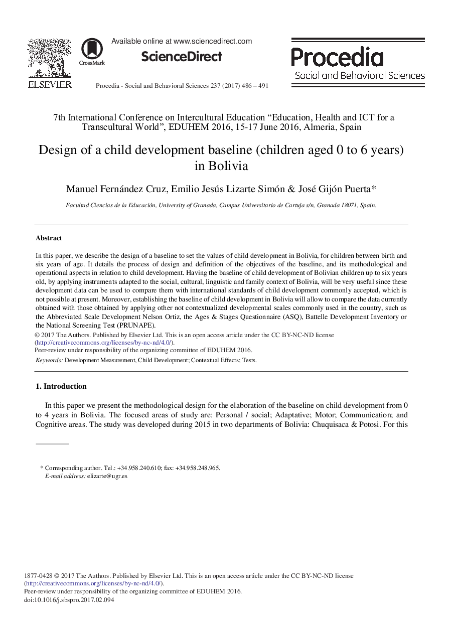 Design of a Child Development Baseline (Children Aged 0 to 6 Years) in Bolivia