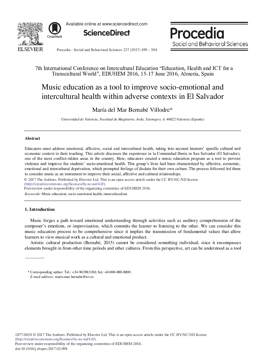 Music Education as a Tool to Improve Socio-emotional and Intercultural Health within Adverse Contexts in El Salvador