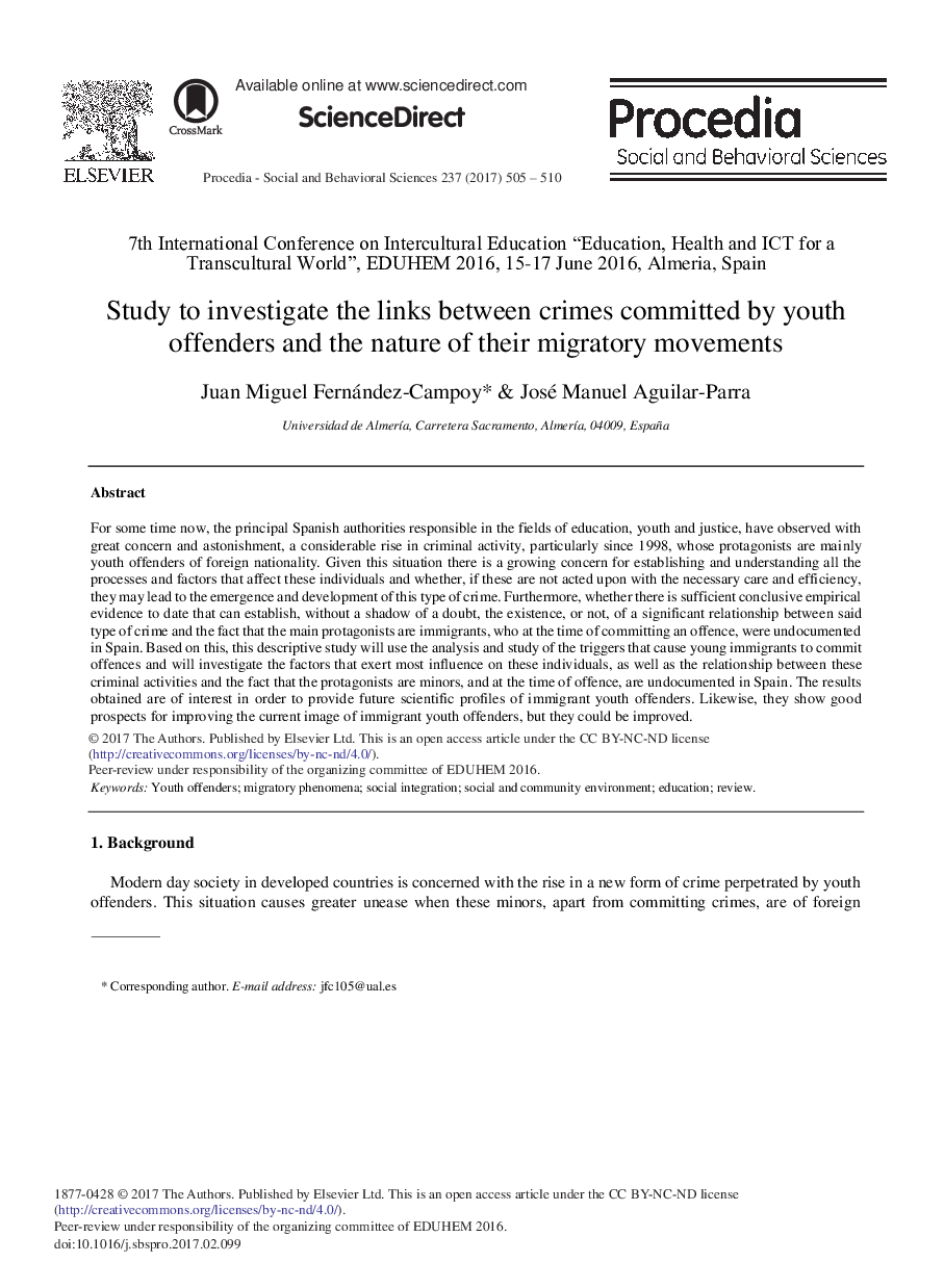 Study to Investigate the Links between Crimes Committed by Youth Offenders and the Nature of their Migratory Movements