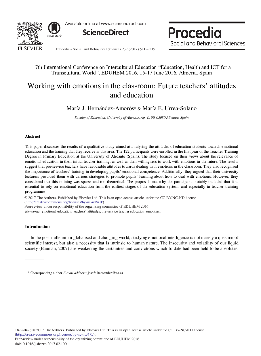 Working with Emotions in the Classroom: Future Teachers' Attitudes and Education