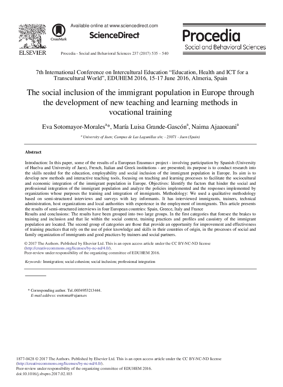 The Social Inclusion of the Immigrant Population in Europe through the Development of New Teaching and Learning Methods in Vocational Training