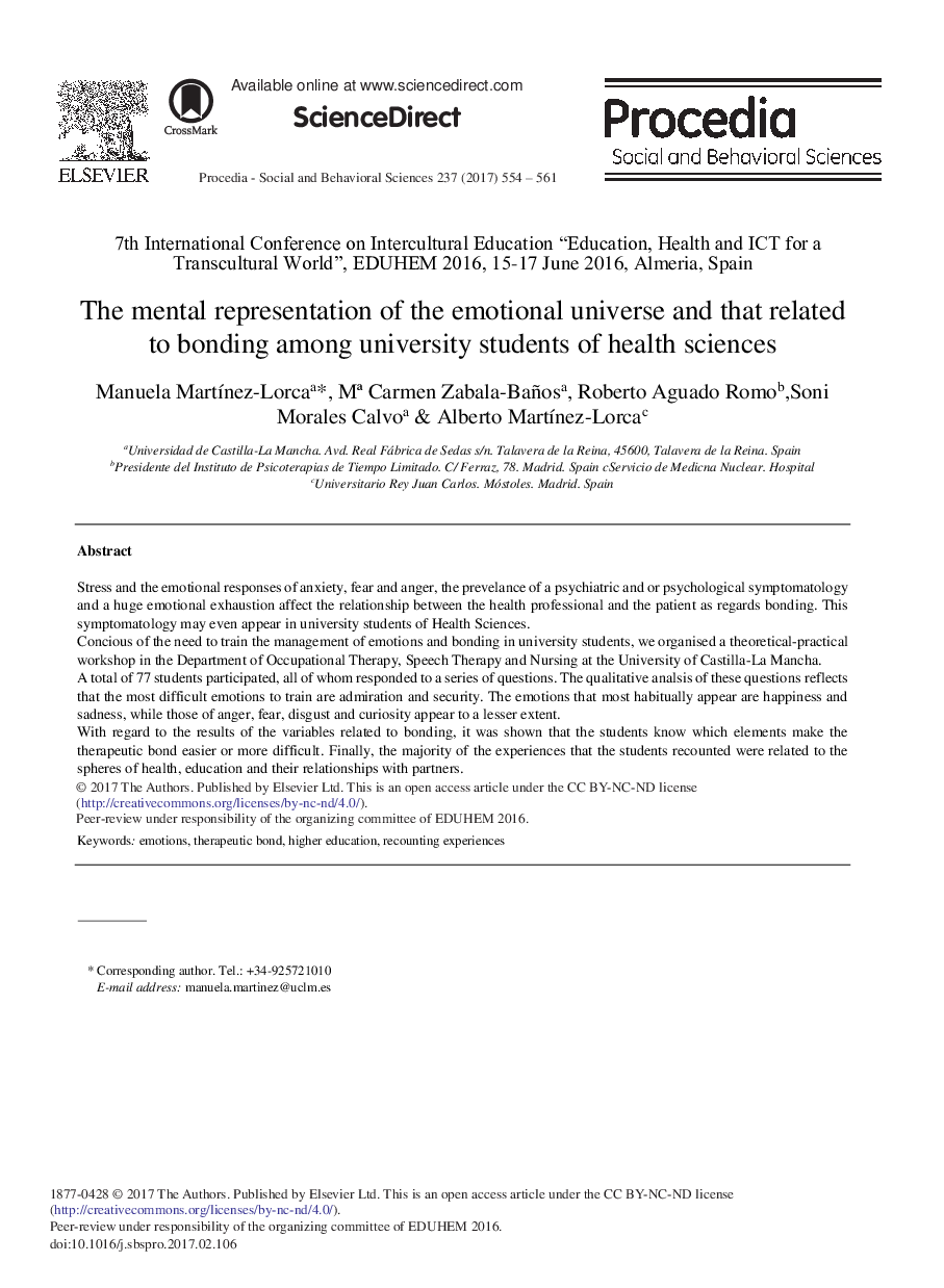 The Mental Representation of the Emotional Universe and that Related to Bonding among University Students of Health Sciences