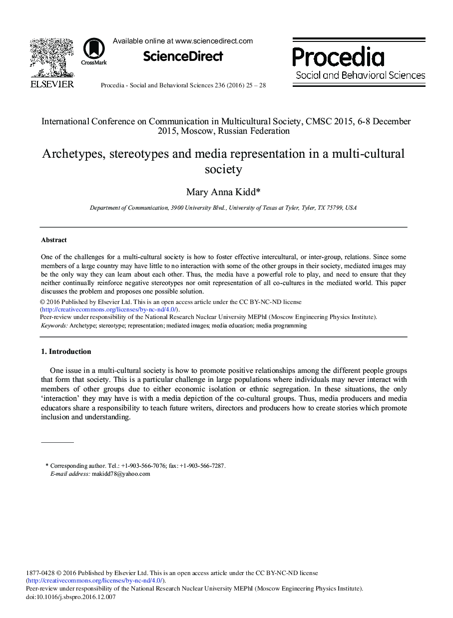 Archetypes, Stereotypes and Media Representation in a Multi-cultural Society