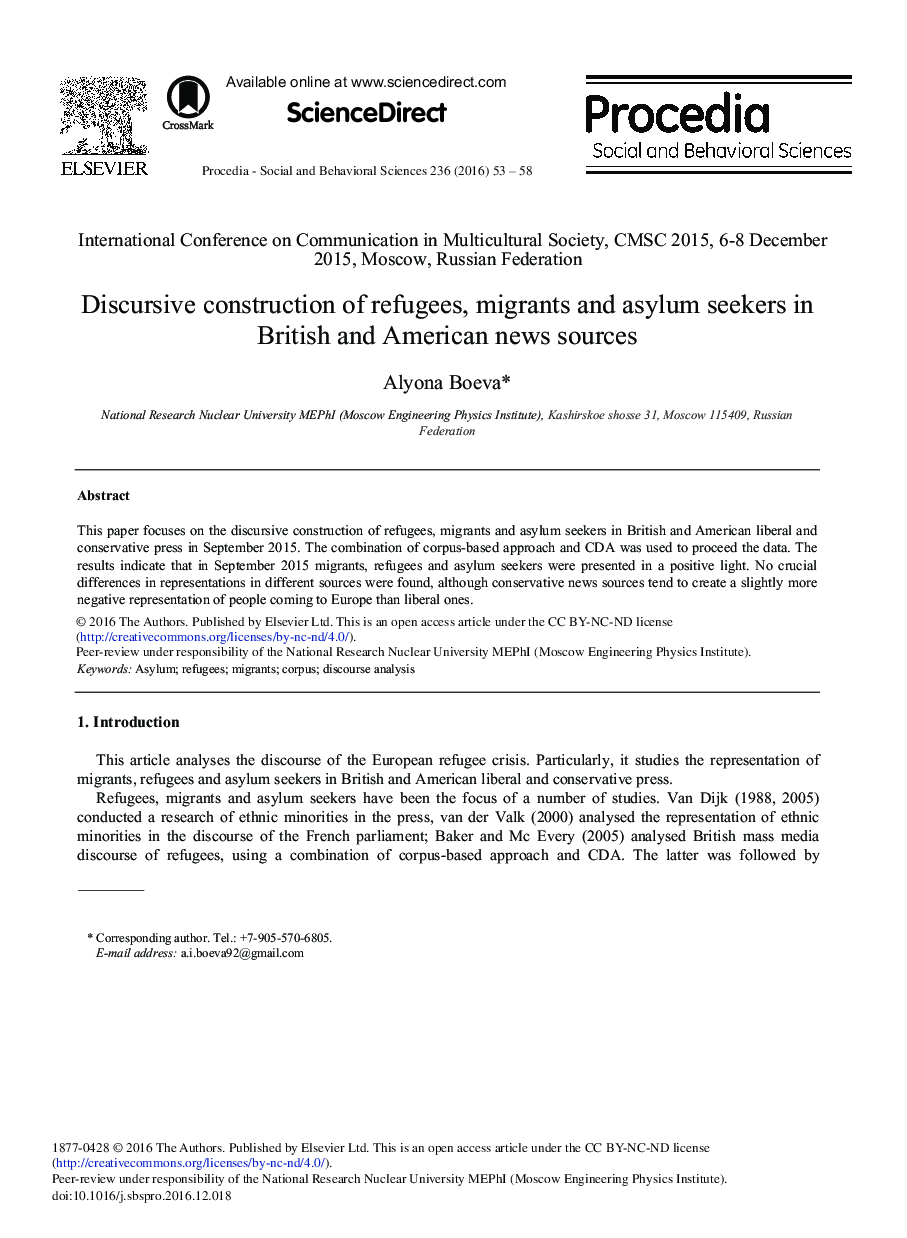 Discursive Construction of Refugees, Migrants and Asylum Seekers in British and American News Sources