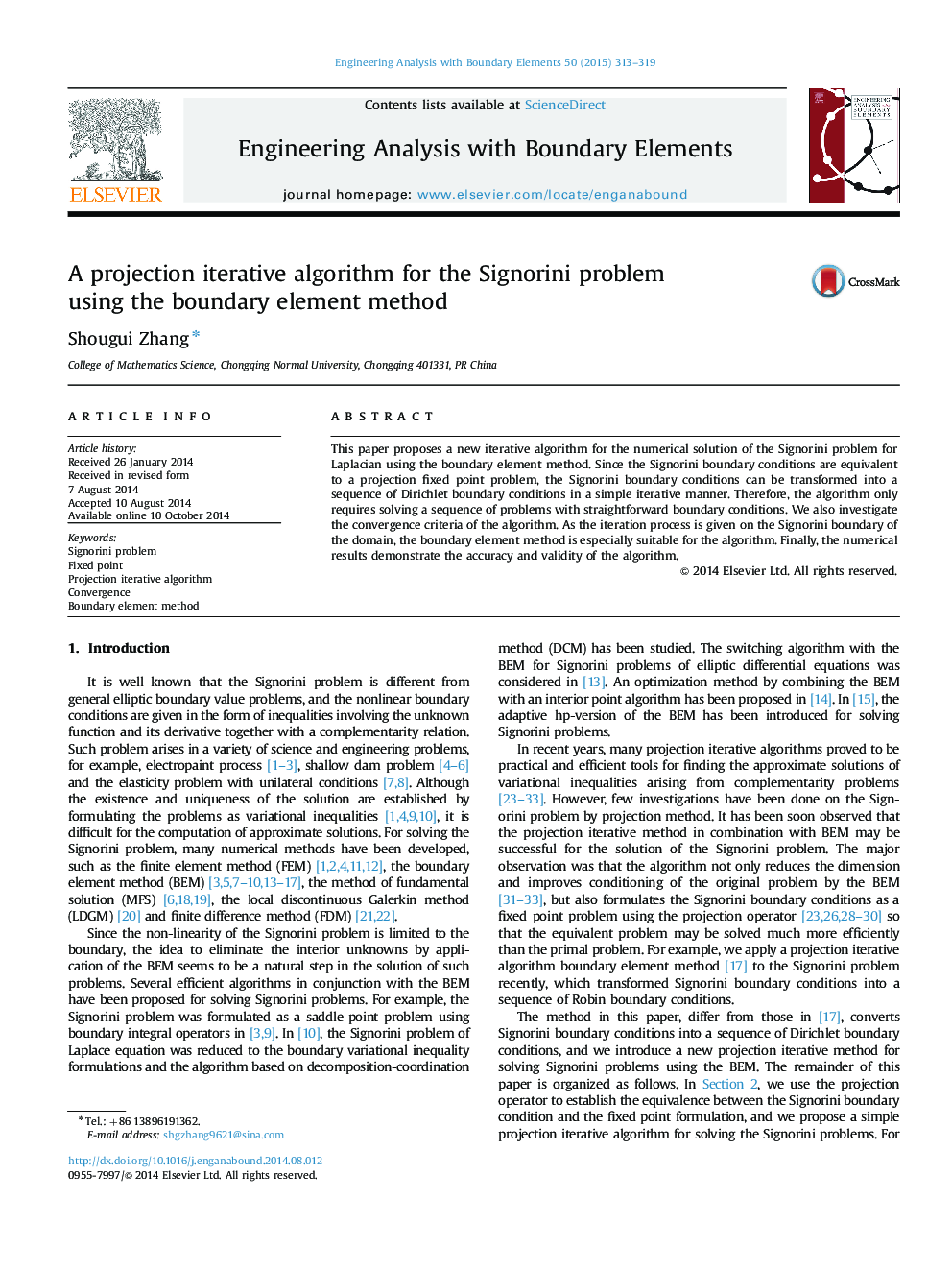 A projection iterative algorithm for the Signorini problem using the boundary element method