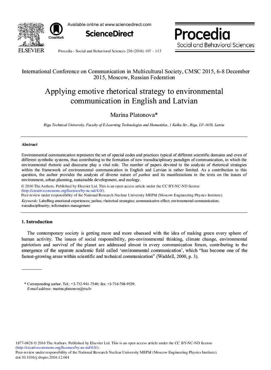 Applying Emotive Rhetorical Strategy to Environmental Communication in English and Latvian