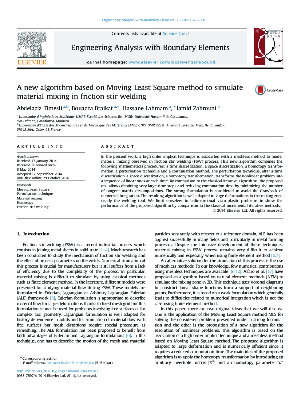 A new algorithm based on Moving Least Square method to simulate material mixing in friction stir welding