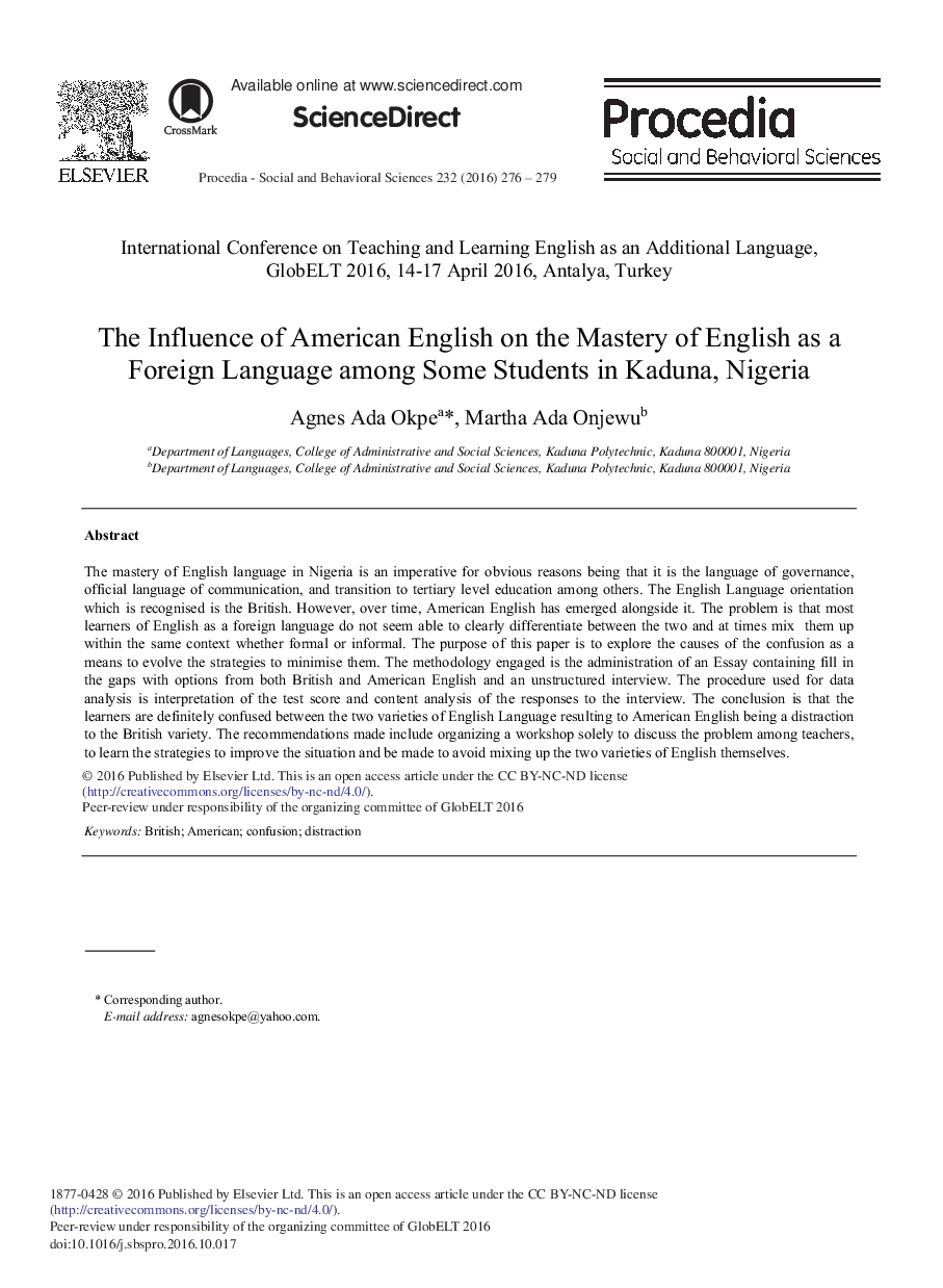 The Influence of American English on the Mastery of English as a Foreign Language among Some Students in Kaduna, Nigeriaâ¿¿