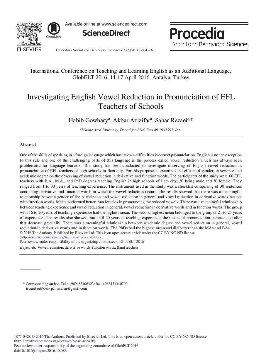 Investigating English Vowel Reduction in Pronunciation of EFL Teachers of Schoolsâ¿¿