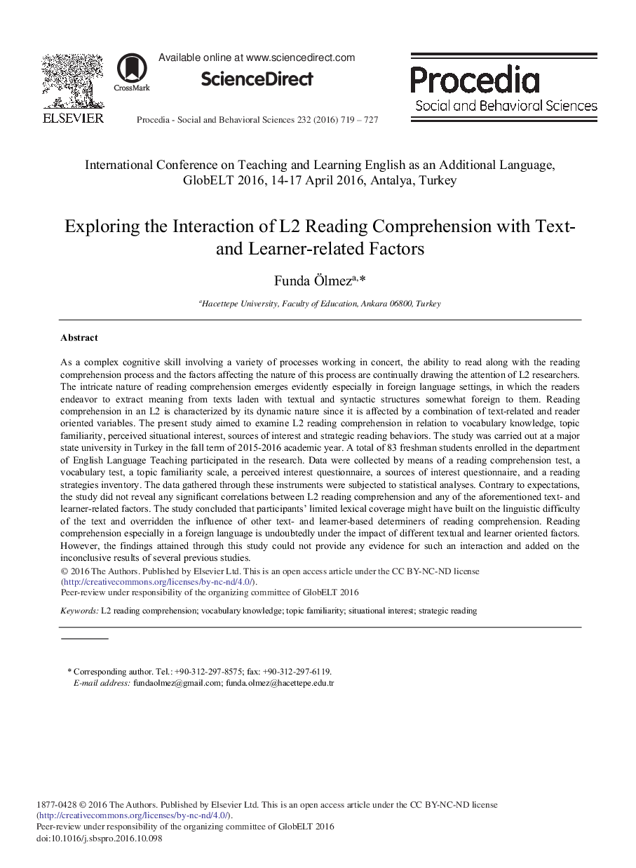 Exploring the Interaction of L2 Reading Comprehension with Text- and Learner-related Factorsâ¿¿