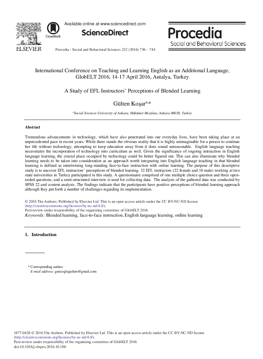 A Study of EFL Instructorsâ¿¿ Perceptions of Blended Learningâ¿¿