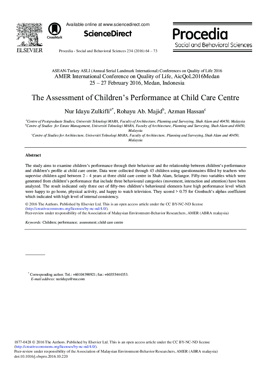 The Assessment of Children's Performance at Child Care Centre