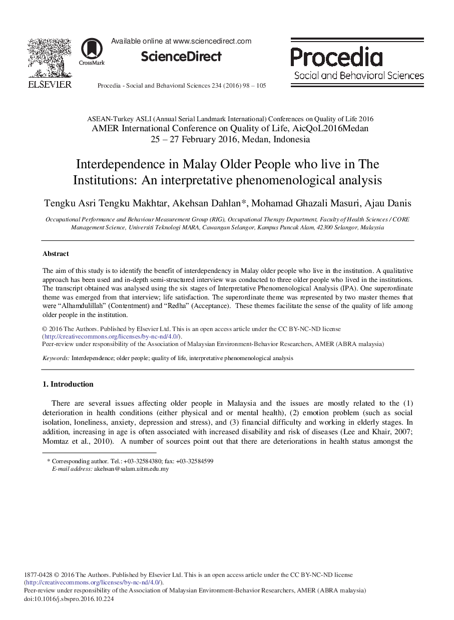 Interdependence in Malay Older People Who Live in the Institutions: An Interpretative Phenomenological Analysis
