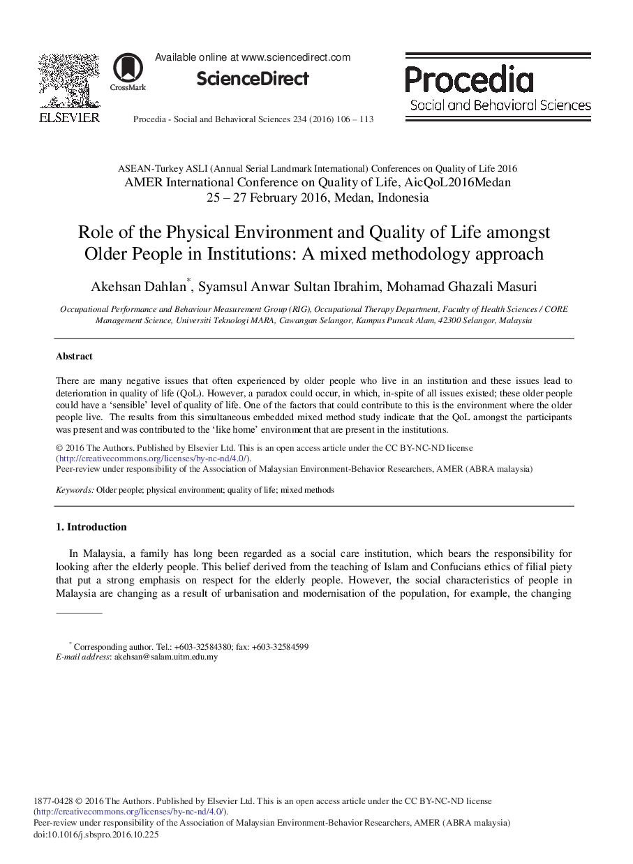 Role of the Physical Environment and Quality of Life amongst Older People in Institutions: A Mixed Methodology Approach