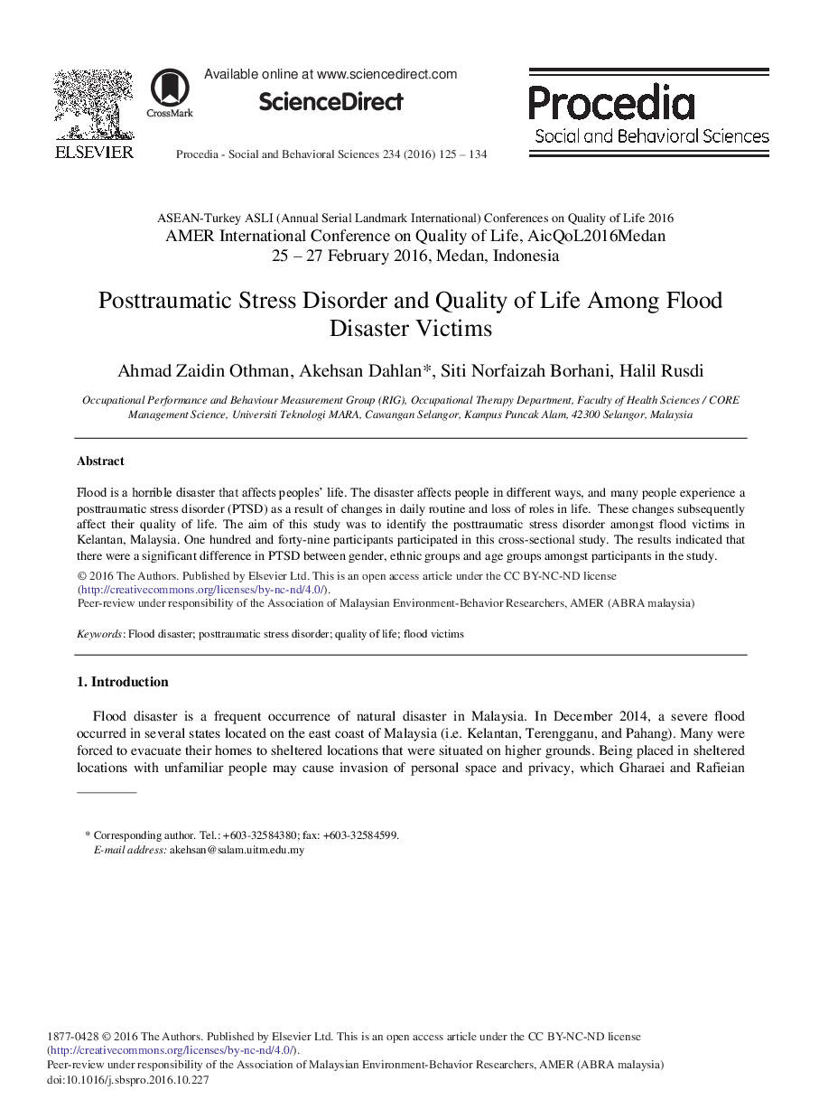 Posttraumatic Stress Disorder and Quality of Life among Flood Disaster Victims