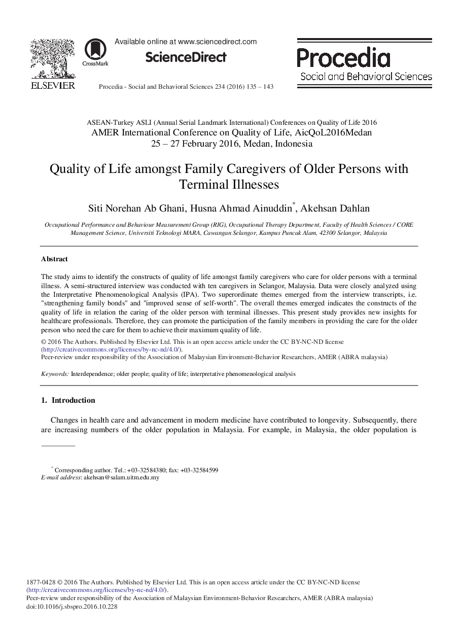 Quality of Life Amongst Family Caregivers of Older Persons with Terminal Illnesses