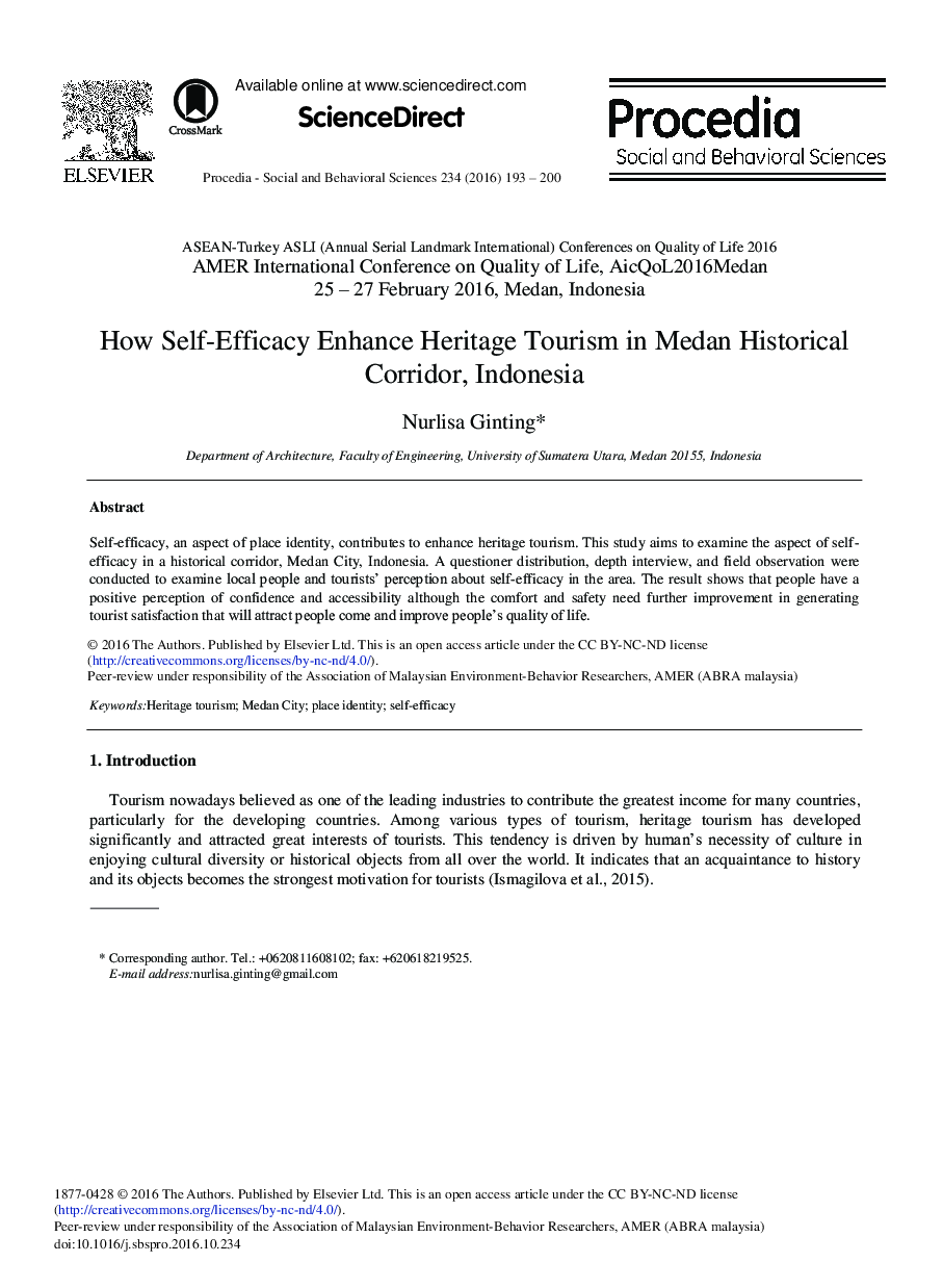 How Self-efficacy Enhance Heritage Tourism in Medan Historical Corridor, Indonesia