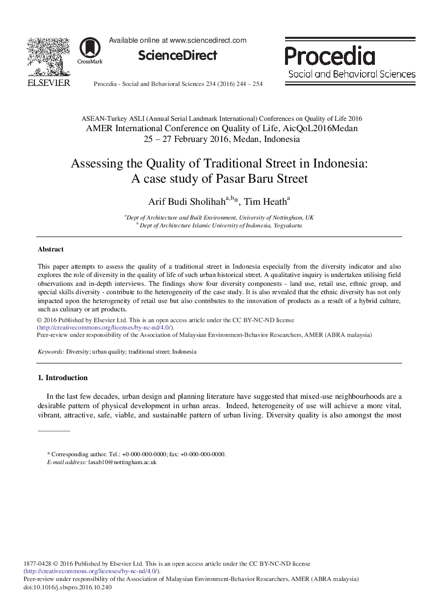 Assessing the Quality of Traditional Street in Indonesia: A case study of Pasar Baru Street