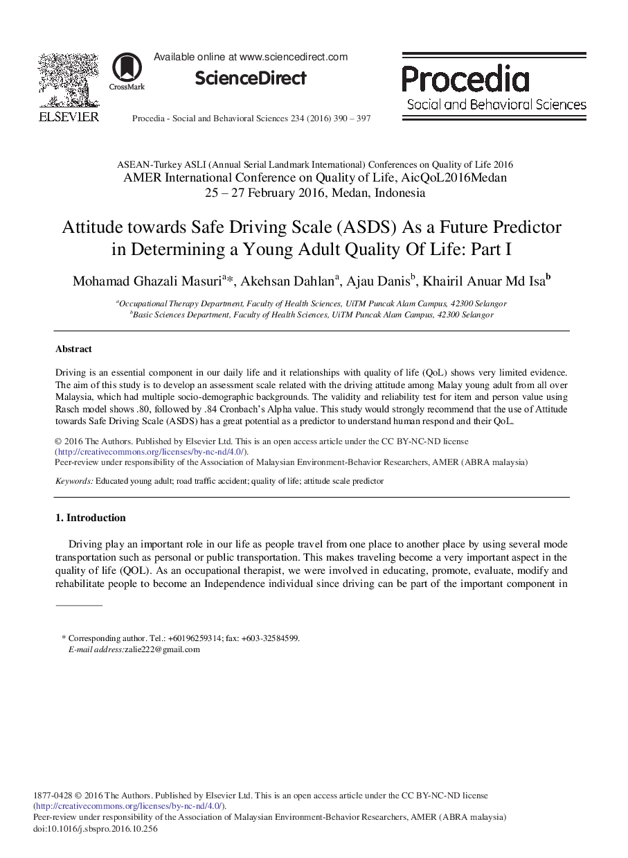 Attitude towards Safe Driving Scale (ASDS) As a Future Predictor in Determining a Young Adult Quality Of Life: Part I