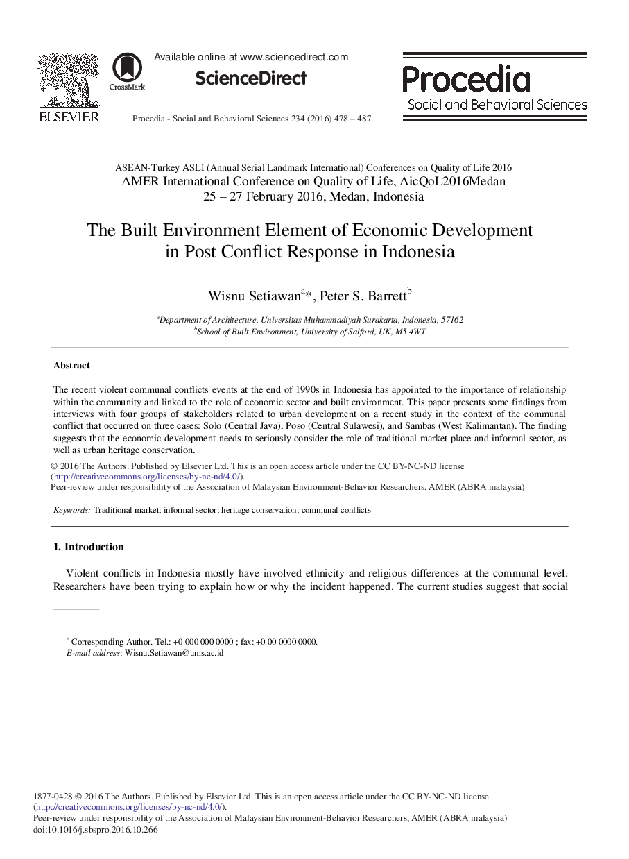 The Built Environment Element of Economic Development in Post Conflict Response in Indonesia