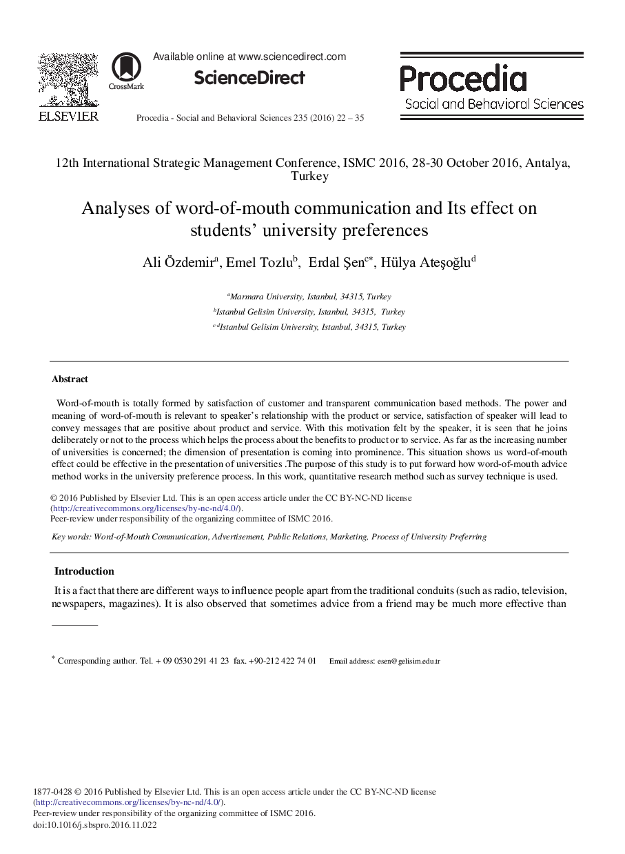 Analyses of Word-of-mouth Communication and its Effect on Students' University Preferences