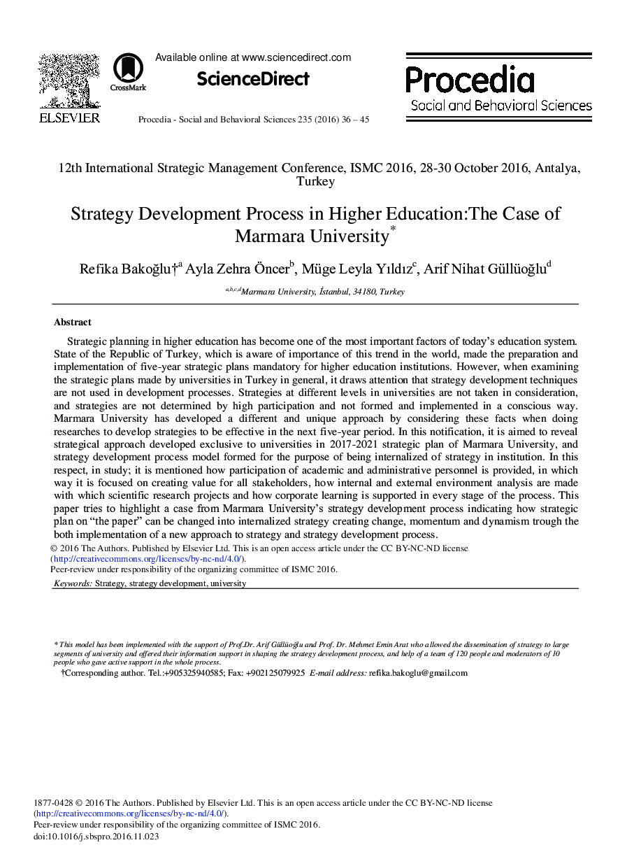 Strategy Development Process in Higher Education:The Case of Marmara University1