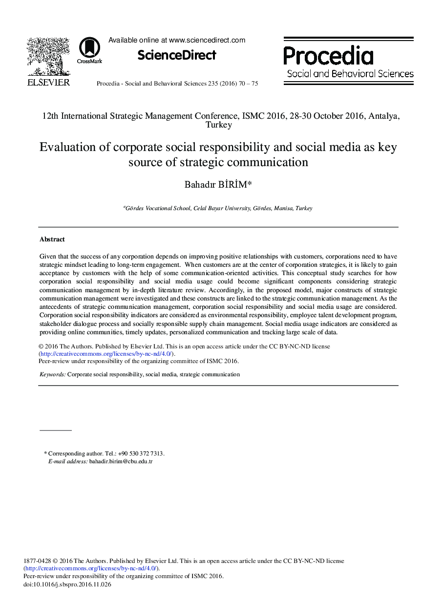 Evaluation of Corporate Social Responsibility and Social Media as Key Source of Strategic Communication