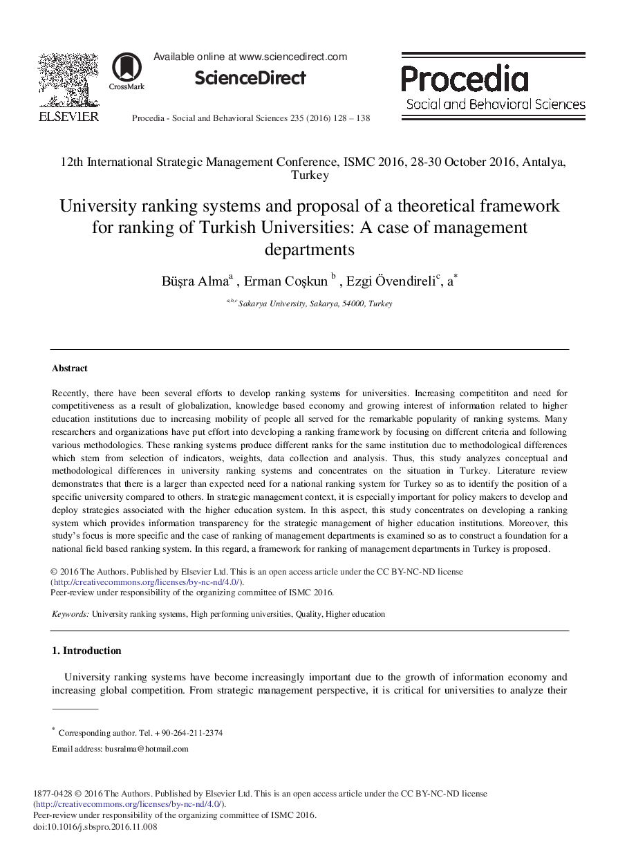 University Ranking Systems and Proposal of a Theoretical Framework for Ranking of Turkish Universities: A Case of Management Departments