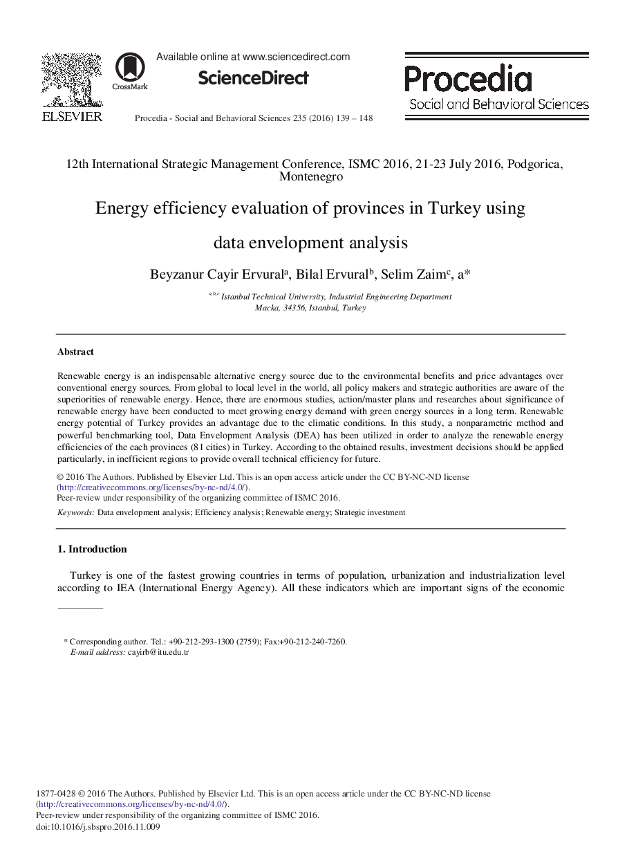 Energy Efficiency Evaluation of Provinces in Turkey Using Data Envelopment Analysis