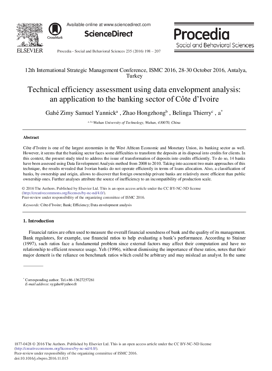 Technical Efficiency Assessment Using Data Envelopment Analysis: An Application to the Banking Sector of CÃ´te D'Ivoire