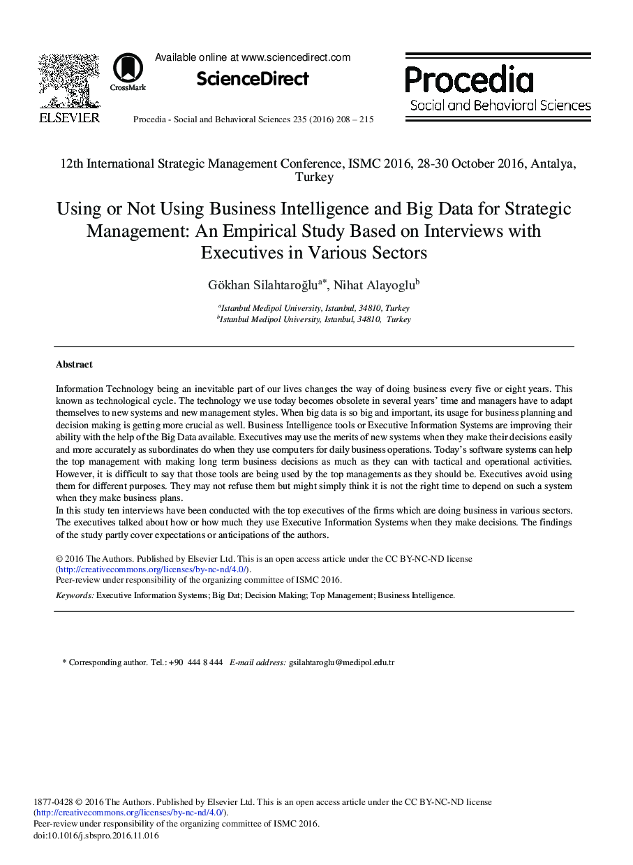 Using or Not Using Business Intelligence and Big Data for Strategic Management: An Empirical Study Based on Interviews with Executives in Various Sectors