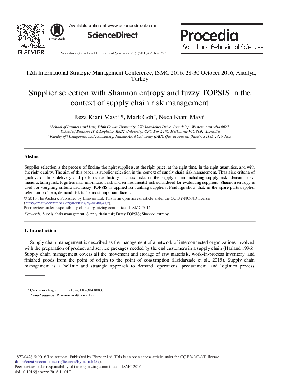 Supplier Selection with Shannon Entropy and Fuzzy TOPSIS in the Context of Supply Chain Risk Management